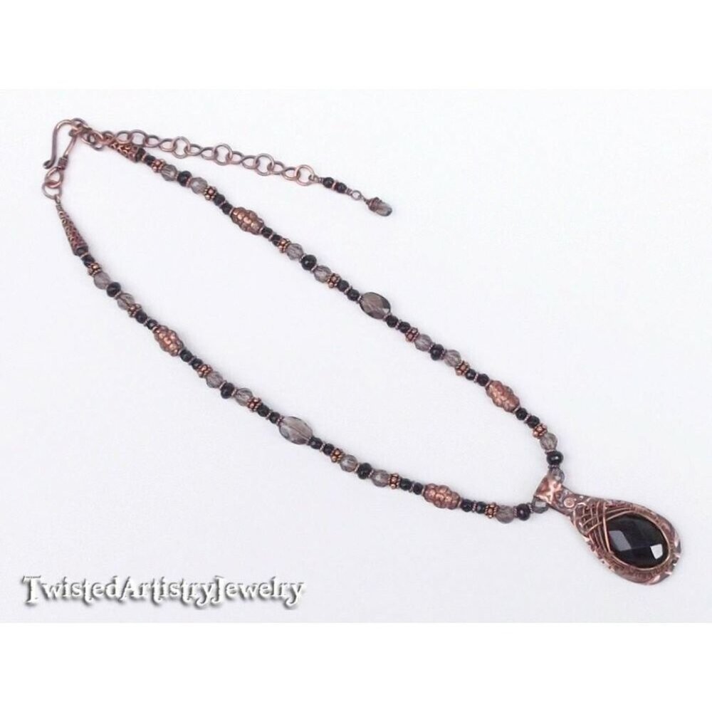 Beaded Necklace with Wire Wrapped Smoky Quartz Embossed Copper Pendant Handmade - Picture 4 of 4